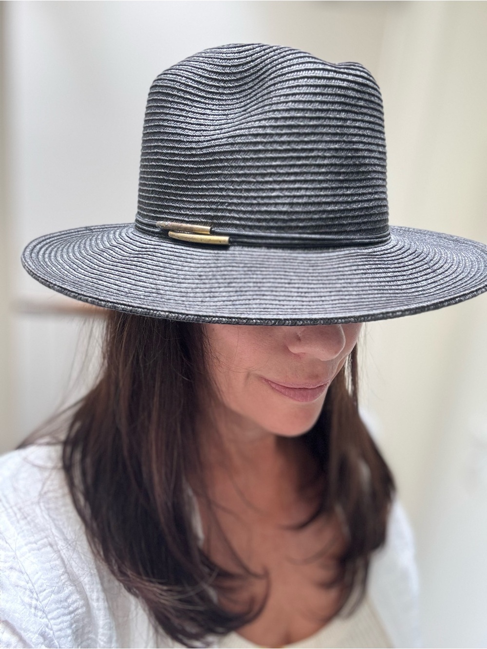 Women’s Black Straw Fedora Hat with Metallic Accent